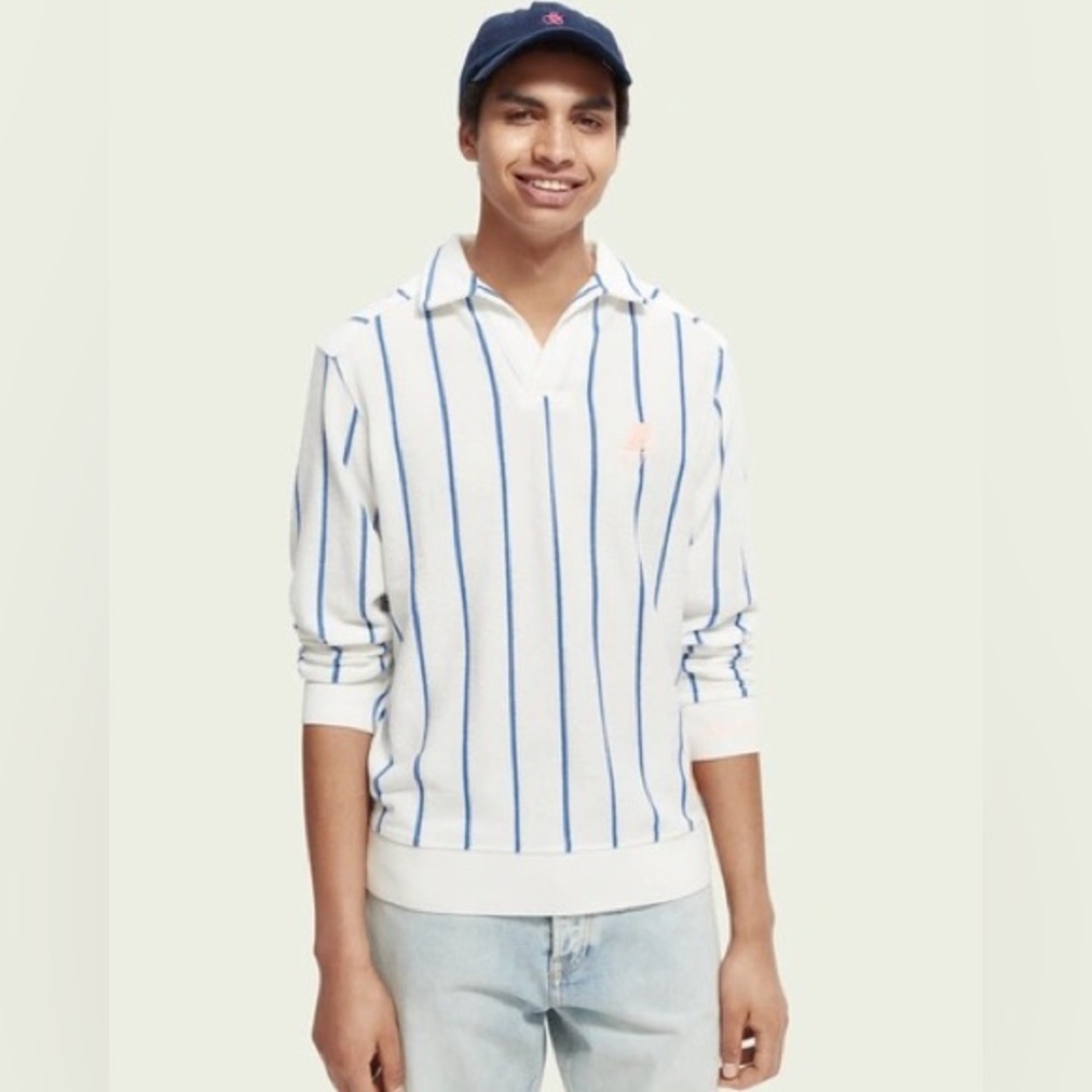 Scotch & Soda Blue White Striped Good Vibes Camp Terrycloth Pullover M